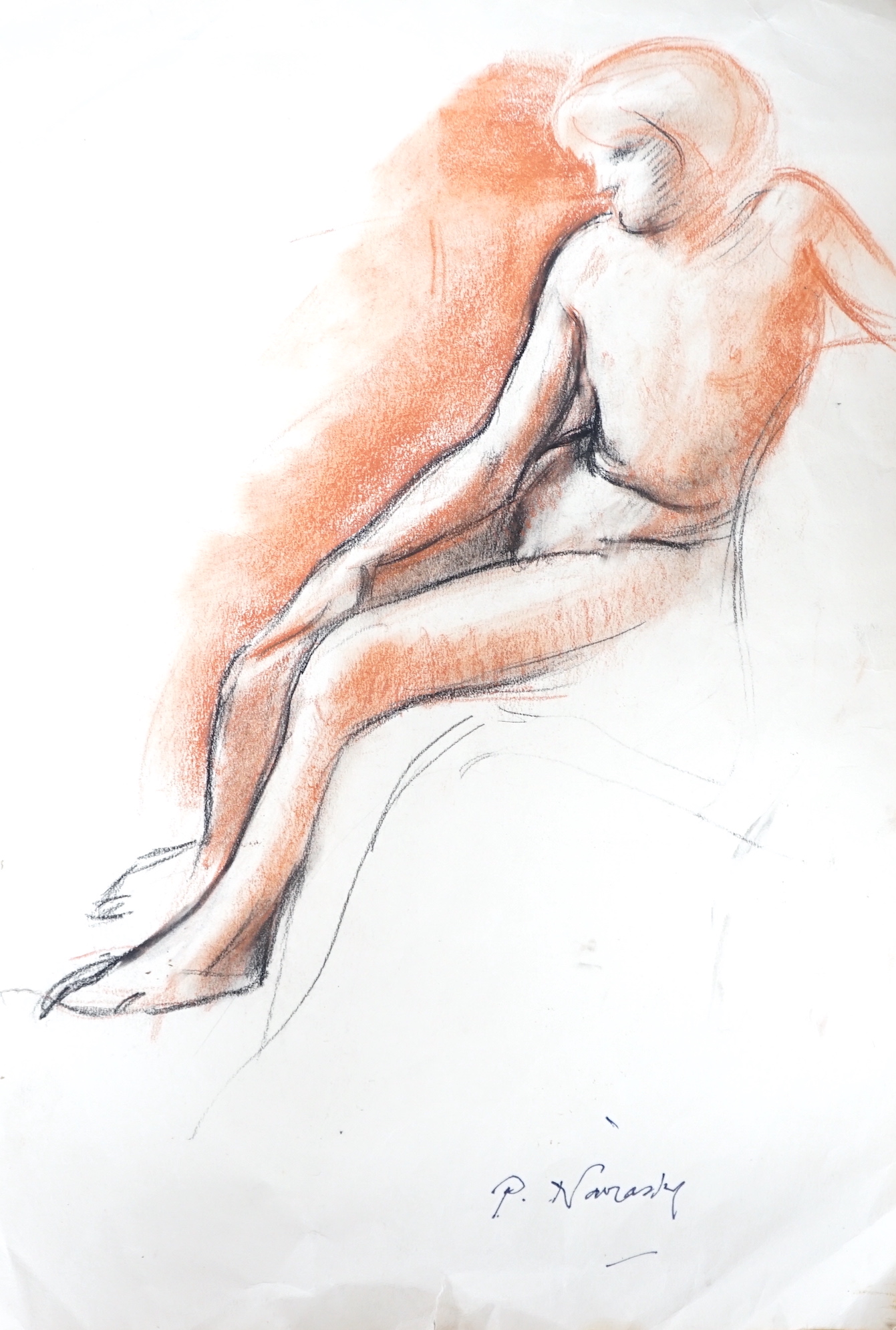 Philip Naviasky (1894-1983) sanguine pastel on card, Study of a nude woman, signed, unframed, 37 x 25cm